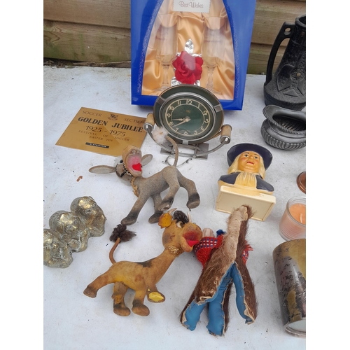 43 - Box of oddments : damaged silver plate tea set, copper and brass ware, Rosewater sprinklers, Bretby ... 