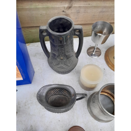 43 - Box of oddments : damaged silver plate tea set, copper and brass ware, Rosewater sprinklers, Bretby ... 