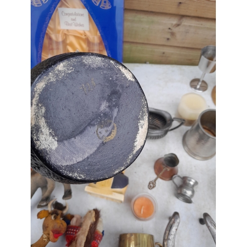 43 - Box of oddments : damaged silver plate tea set, copper and brass ware, Rosewater sprinklers, Bretby ... 