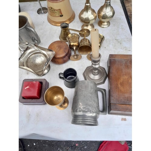 43 - Box of oddments : damaged silver plate tea set, copper and brass ware, Rosewater sprinklers, Bretby ... 