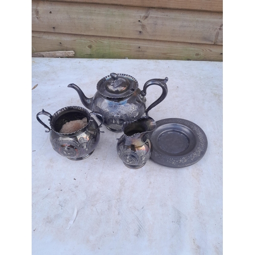 43 - Box of oddments : damaged silver plate tea set, copper and brass ware, Rosewater sprinklers, Bretby ... 