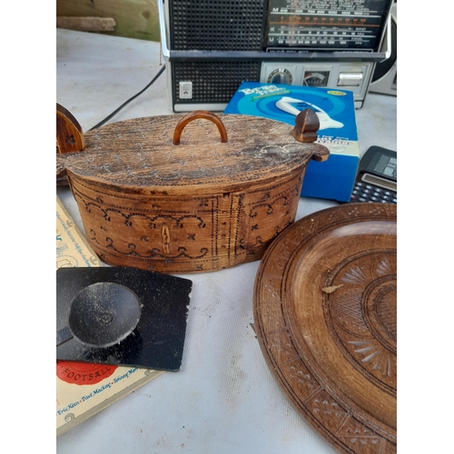 50 - Box of oddments : radios, late 19th / early 20th century Norwegian oval birch wood box, Acme thunder... 