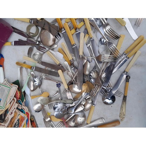 56 - Box of silver plated and other cutlery, some in boxes, silver caddy spoon with rose decoration Londo... 