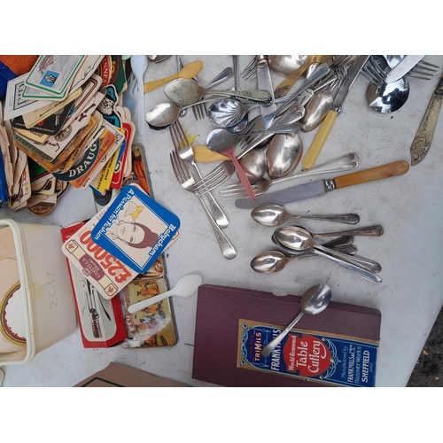 56 - Box of silver plated and other cutlery, some in boxes, silver caddy spoon with rose decoration Londo... 