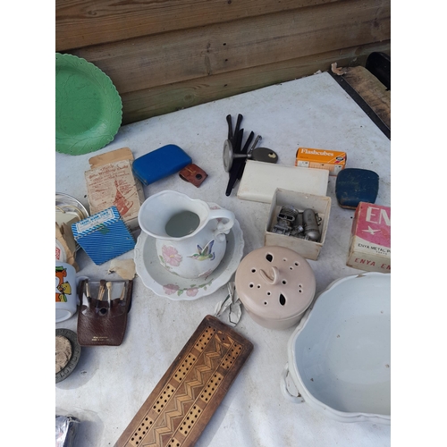 66 - Assorted items : cribbage board, china ware, majolica plate, clocks etc.