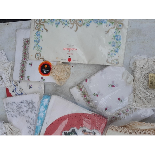 73 - Vintage linen and lace, sealed vintage paper serviettes etc.