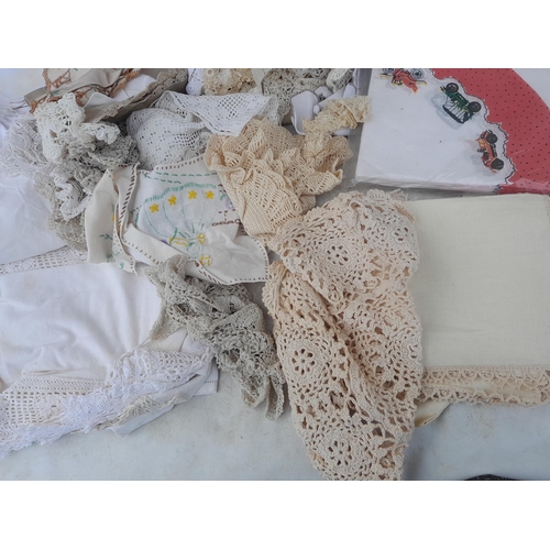 73 - Vintage linen and lace, sealed vintage paper serviettes etc.