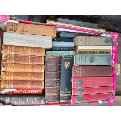 128 - 2 x boxes of books : Daily Express Encyclopaedia, Shakespeares Works leather bound,  Haydns Dictiona... 