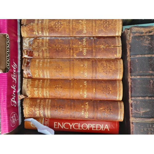 128 - 2 x boxes of books : Daily Express Encyclopaedia, Shakespeares Works leather bound,  Haydns Dictiona... 