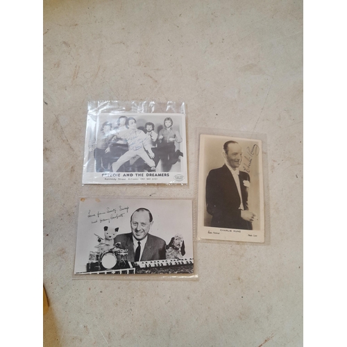 548 - 3 x signed publicity photographs : Harry Corbett, Charlie Kunz & Freddie and the Dreamers