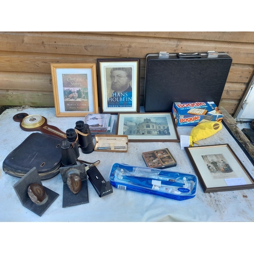 53 - Box of oddments : Yashica binoculars, games and puzzles, geode book ends, prints etc