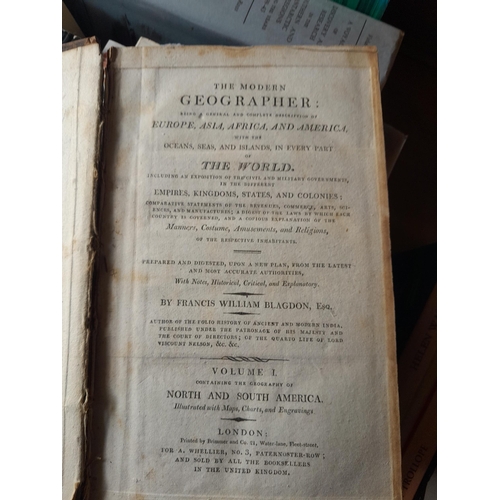 114 - Box of books mainly history and theology themed : The Modern Geographer by Francis William Blagdon (... 