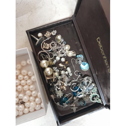 138 - Costume jewellery : Loose pearls in box, Boys Brigade and other pin badges, Acme Girl Guide whistle ... 