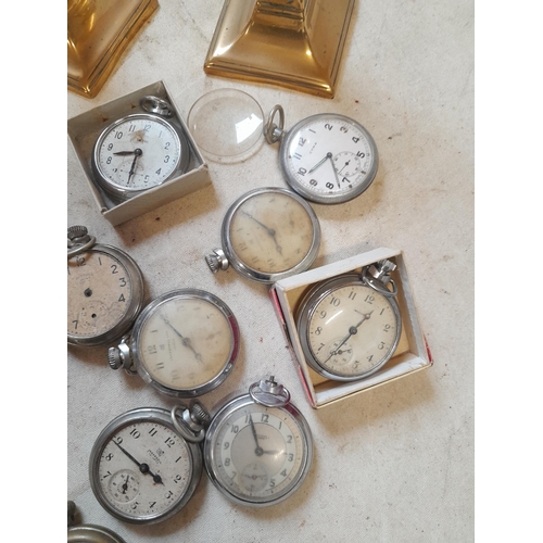 166 - An array of vintage pocket watches mainly chrome plated all for spares repairs & 19th century brass ... 