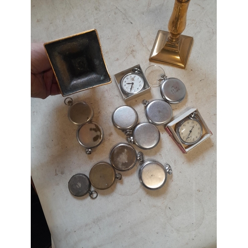 166 - An array of vintage pocket watches mainly chrome plated all for spares repairs & 19th century brass ... 