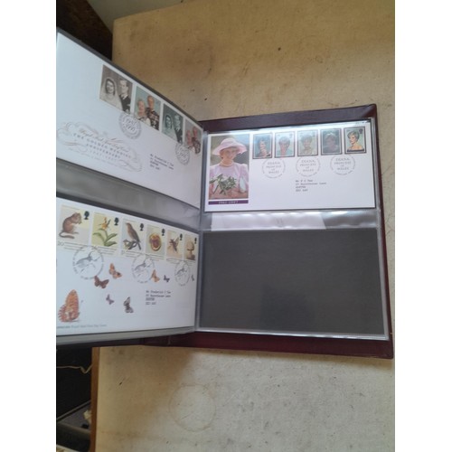 261 - Collection of Stamp First Day covers in three albums from the 1980s and Historic Vehicles coin set