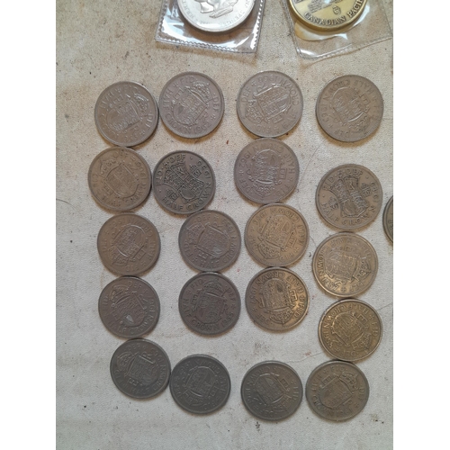 262 - Coins : 2 x plastic sets, 1 x Cartwheel penny, base metal Crowns, Farthings base and other metal coi... 