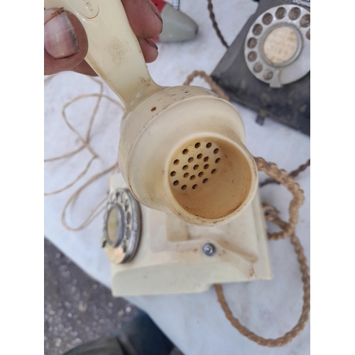 264 - Vintage telephones : 1 x white ivory bakelite, cracked ear piece 332, 1 x black & one other all very... 