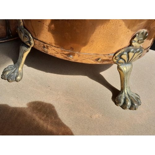 281 - 2 x early 20th century copper coal buckets : 1 x lobed Arts & Crafts, 1 x riveted with lion mask bra... 