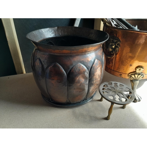 281 - 2 x early 20th century copper coal buckets : 1 x lobed Arts & Crafts, 1 x riveted with lion mask bra... 