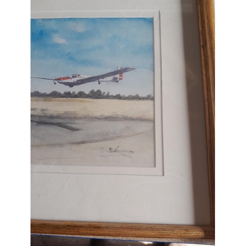 285 - Collection of pictures : 2 x watercolours of aviation interest by Sherman, prints, cigarette cards m... 