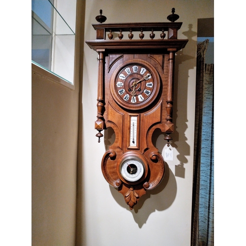 463 - Clock / barometer interest : Unusual early 20th century wall clock with walnut case, open face woode... 