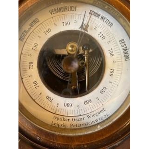 488 - Vintage aneroid wall barometer by Wiegand of Leipzig, dial notations in German, 8 cms diameter bevel... 