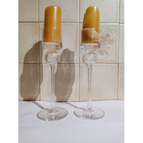 495 - 2 x handblown  glass candle holders undamaged 25 cms tall