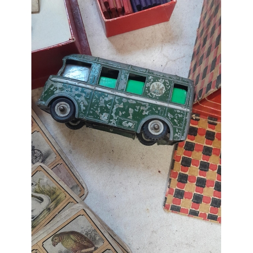 514 - Dinky BBC Roving Eye die cast toy car play worn, Victorian childs parlour game Lotto & Vintage Mahjo... 