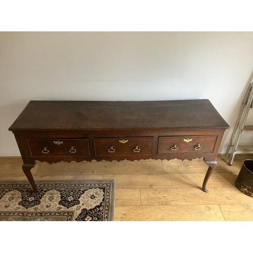 11 - Georgian oak dresser base with three drawers on cabriole legs 50 cms x 170 cms long x 80 cms high