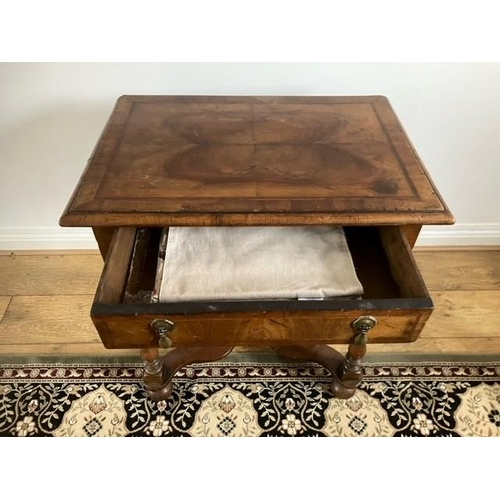 13 - 18th century style walnut  single drawer table with quarter veneer top, carved apron, turned legs wa... 