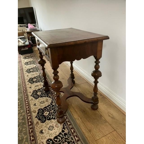 13 - 18th century style walnut  single drawer table with quarter veneer top, carved apron, turned legs wa... 