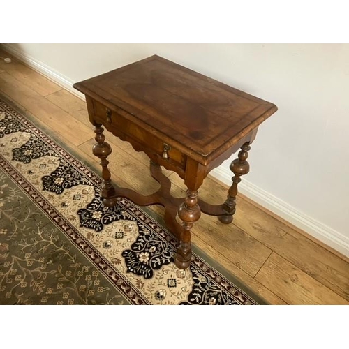 13 - 18th century style walnut  single drawer table with quarter veneer top, carved apron, turned legs wa... 