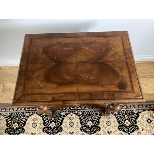 13 - 18th century style walnut  single drawer table with quarter veneer top, carved apron, turned legs wa... 