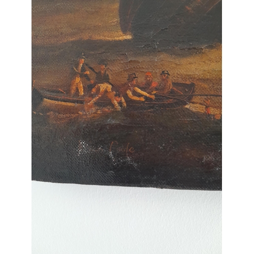 32 - Brian Coole (1939 - 2022) Naval Battle scene oil on canvas unframed with some history of the artist ... 