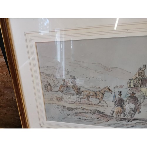 35 - Hablot Knight Browne (Phiz) 1852 - 1882 signed watercolour and pencil sketch Coaching scene 25  cms ... 