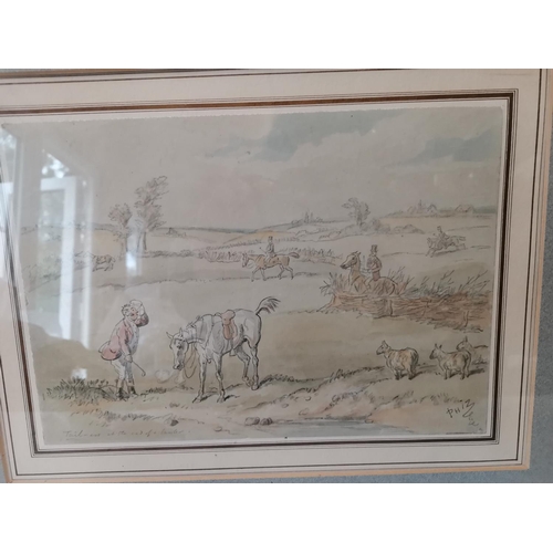 41 - Hablot Knight Browne (Phiz) 1852 - 1882 signed watercolour and pencil sketch Comical Hunting scene 