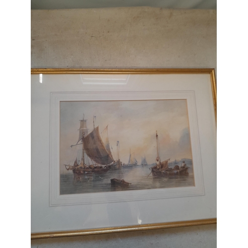 43 - John Wilson Carmichael (1800 - 1868) Fishing Boats in Calm Waters, watercolour 23 cms x 33 cms, fram... 