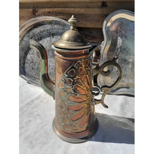 7 - Silver plated trays x 2, Indian brass and copper water pot & stainless steel cocktail shaker