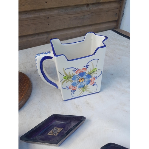 18 - Box of assorted china and glassware : Art Deco amethyst and gilded dressing table set note nibbles, ... 