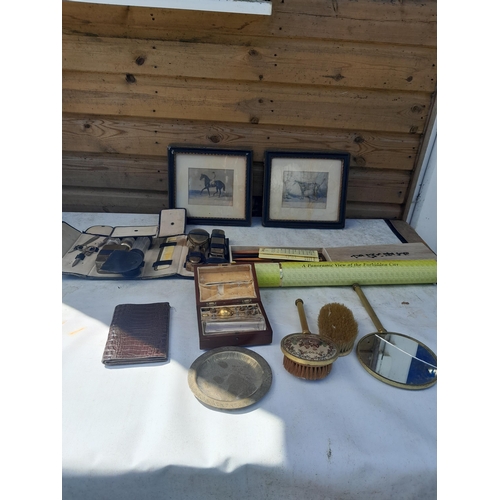 19 - Box of oddments : travelling vanity set, Edwardian hydrometer in mahogany case, pair of 19th century... 