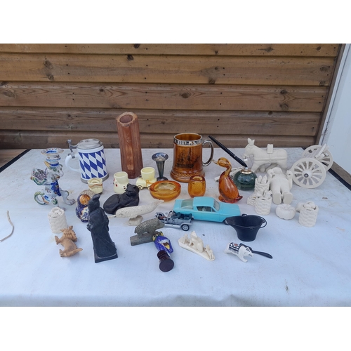 20 - Box of assorted ceramics & glass : tankards, Whitefriars controlled bubble items, Quimper style cand... 