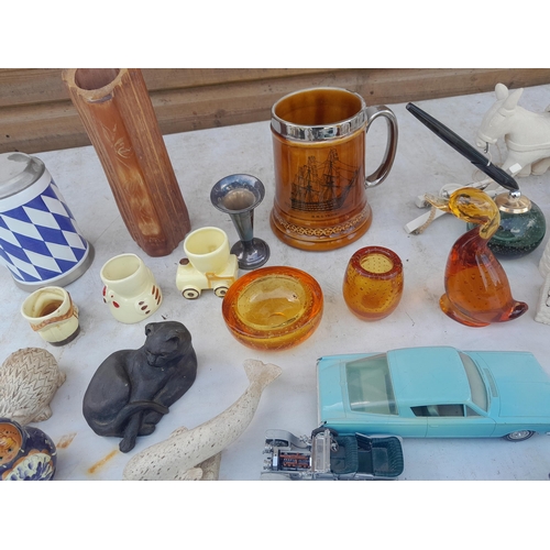 20 - Box of assorted ceramics & glass : tankards, Whitefriars controlled bubble items, Quimper style cand... 