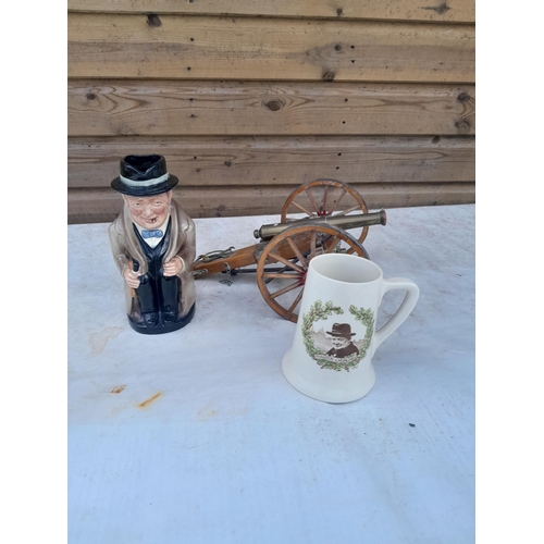 21 - Royal Doulton Winston Churchill character jug & tankard and vintage model gun carriage