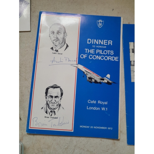 33 - Ephemera & corresponding ashtrays : Signed Jackie Stewart Dinner menu, signed Concorde Pilots Dinner... 