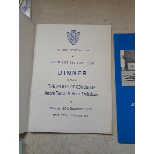 33 - Ephemera & corresponding ashtrays : Signed Jackie Stewart Dinner menu, signed Concorde Pilots Dinner... 