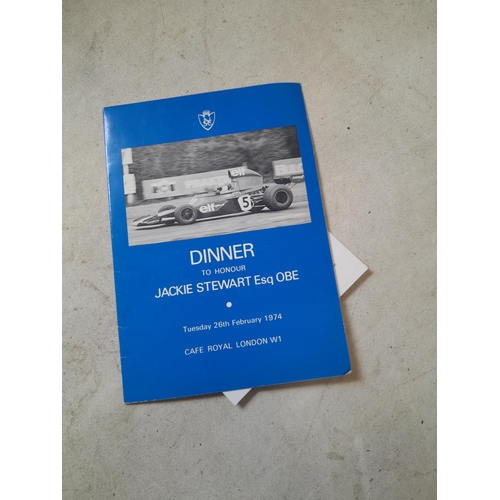 33 - Ephemera & corresponding ashtrays : Signed Jackie Stewart Dinner menu, signed Concorde Pilots Dinner... 