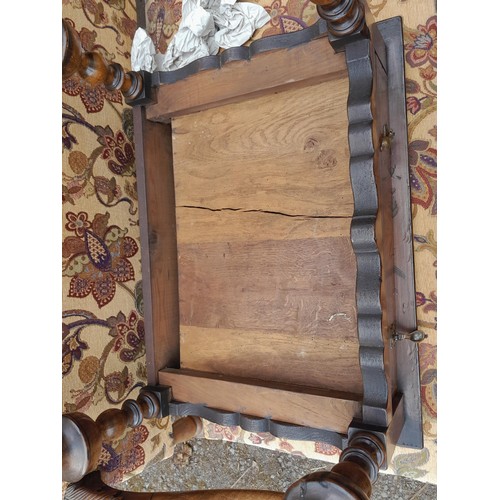 13 - 18th century style walnut  single drawer table with quarter veneer top, carved apron, turned legs wa... 