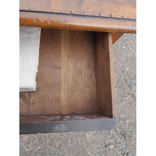 13 - 18th century style walnut  single drawer table with quarter veneer top, carved apron, turned legs wa... 