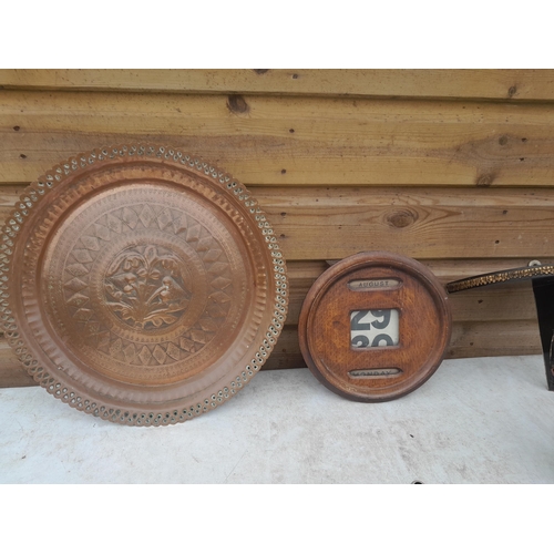 42 - Vintage copper Kashmiri work dish, vintage oak case calendar, , 2 x coffee pots, onyx paper weight d... 